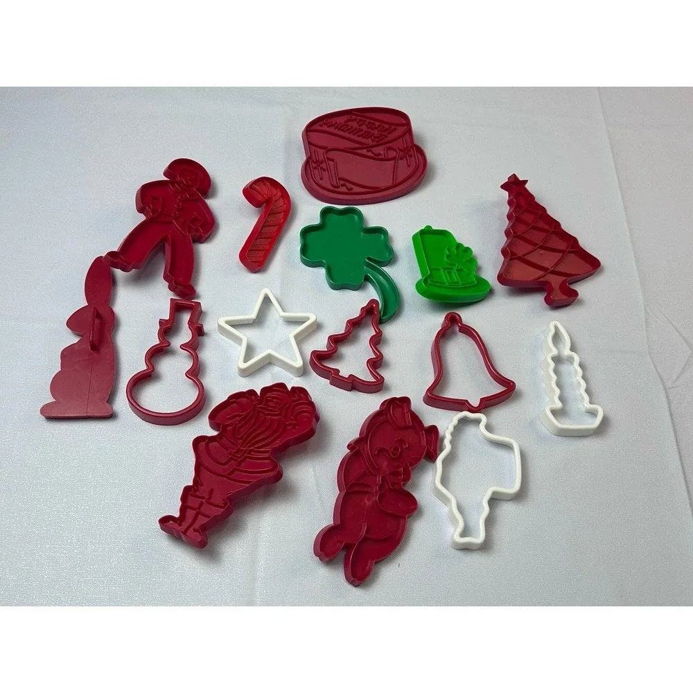 Vintage Holiday Cookie Cutter Lot Christmas St Patrick's Day Plastic Baking Set